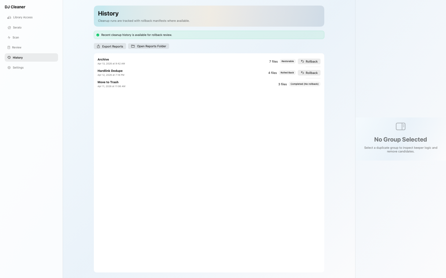 DJ Duplicate Cleaner cleanup history