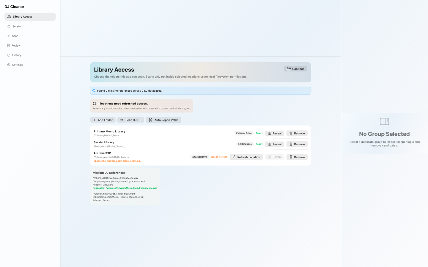 DJ Duplicate Cleaner library access screen